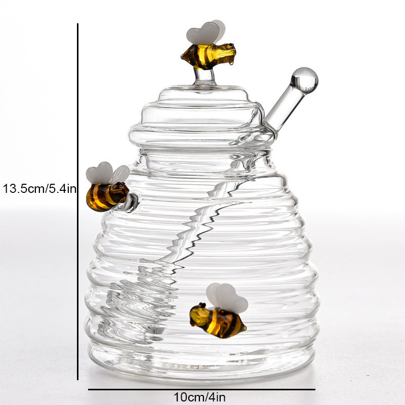 Glass Honey Jar with Lid & Glass Honey Dipper – Ribbed Beehive Design | Classic & Three Bees Styles