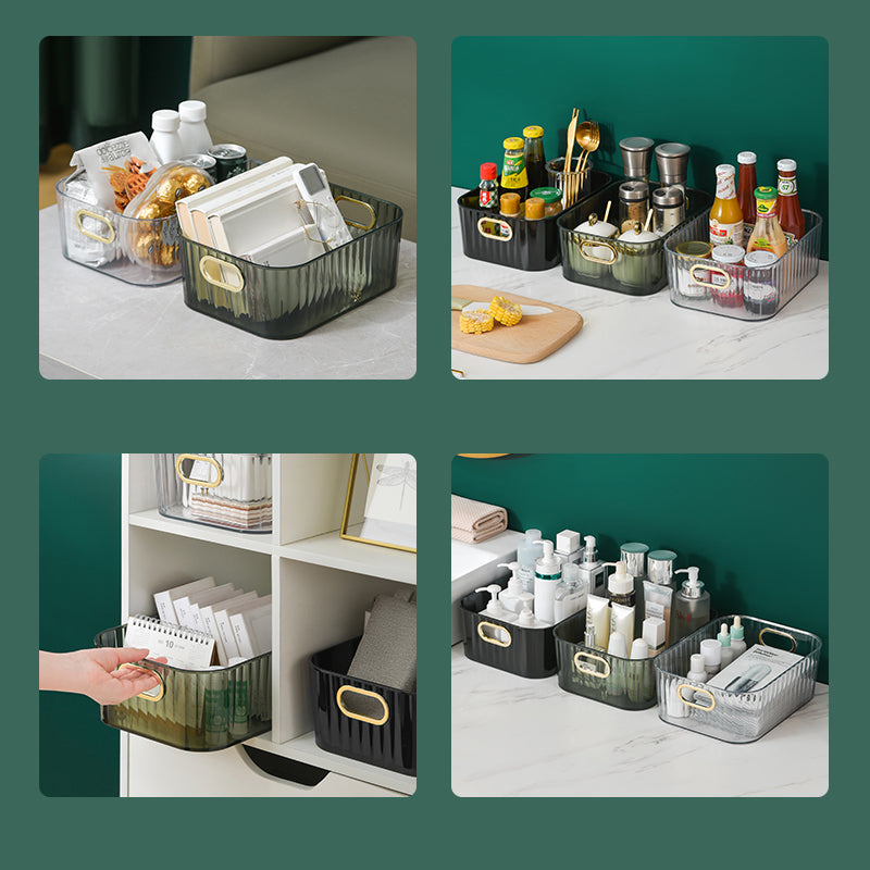 Ribbed Desktop Storage Organizer Bin with Gold Handles – Clear & Dark Green | Vanity, Desk & Kitchen | Small & Large