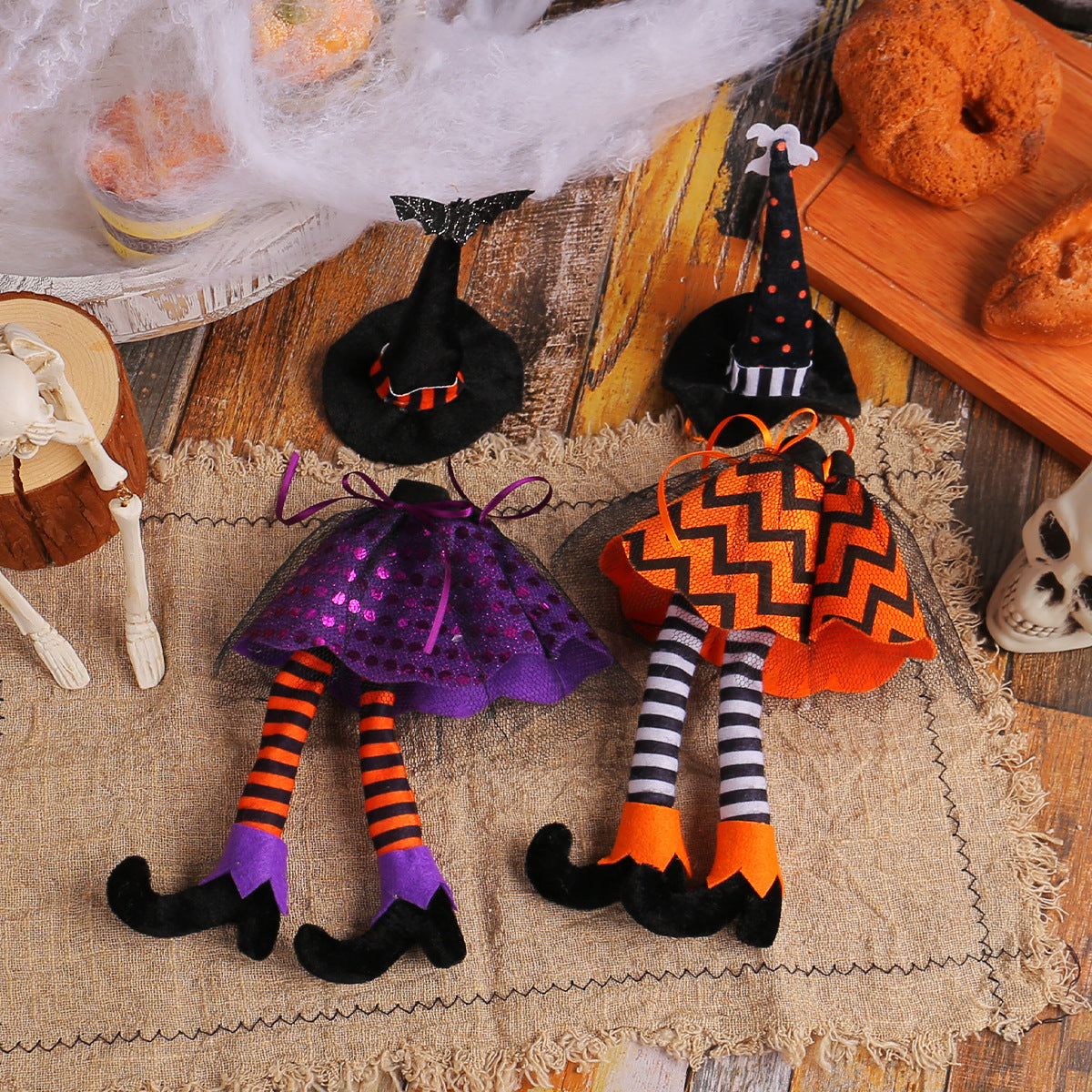 Halloween Witch Wine Bottle Cover – Spiderweb Dress & Striped Legs Novelty Bottle Topper Decoration