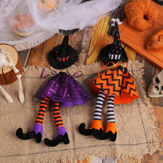 Halloween Witch Wine Bottle Cover – Spiderweb Dress & Striped Legs Novelty Bottle Topper Decoration