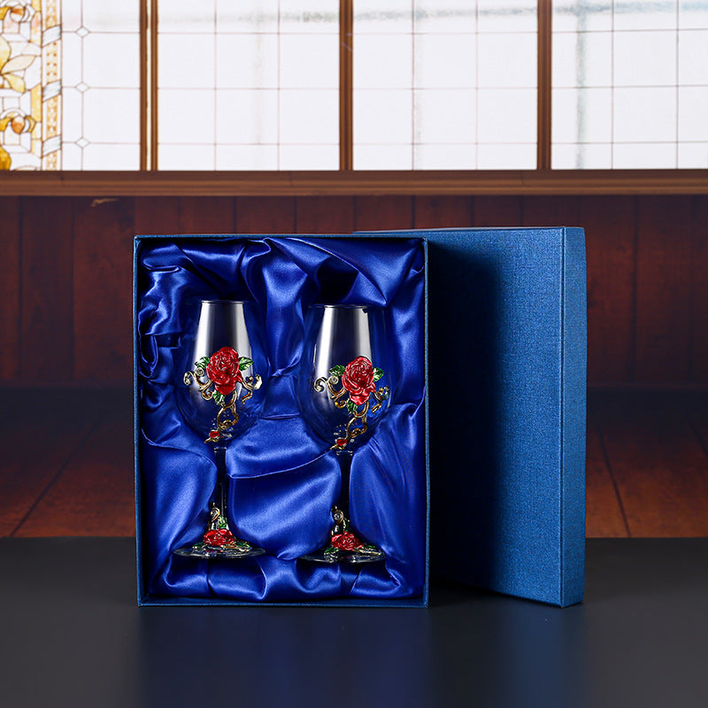 Enamel Rose Crystal Wine Glass | Hand-Painted Goblet & Decanter Gift Set