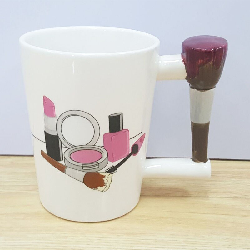 300ml Creative Ceramic Mug – Beauty Tool Shaped Handle (Lipstick, Comb, Hair Dryer & More)