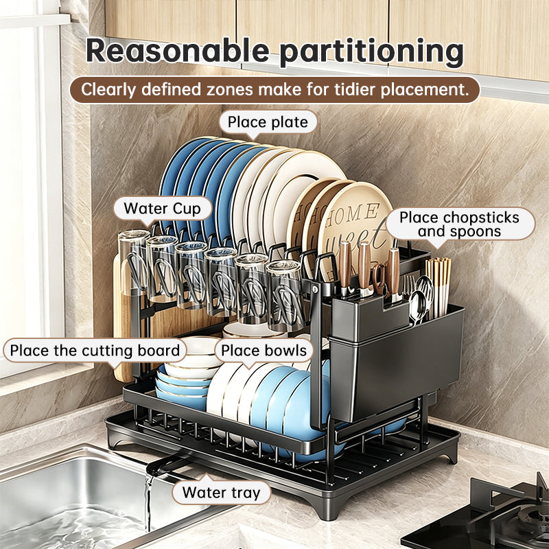 2-Tier Dish Drying Rack with Drip Tray, Chopstick Holder & Cutting Board Rack