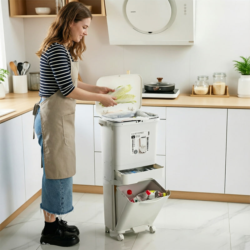 42L Three-Layer Kitchen Recycling Bin with Pedal, Wheels & Dry/Wet Separation