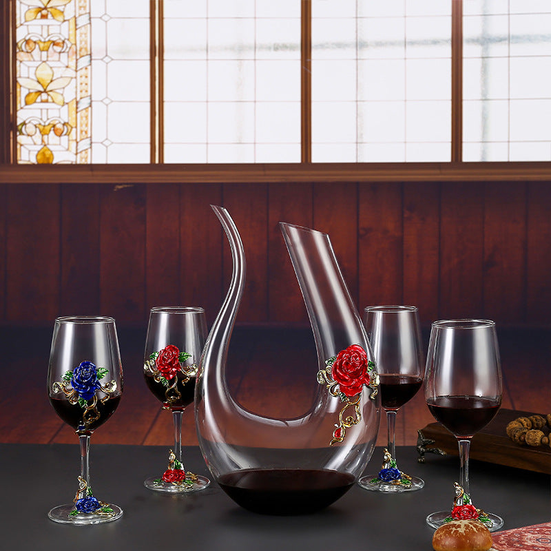 Enamel Rose Crystal Wine Glass | Hand-Painted Goblet & Decanter Gift Set