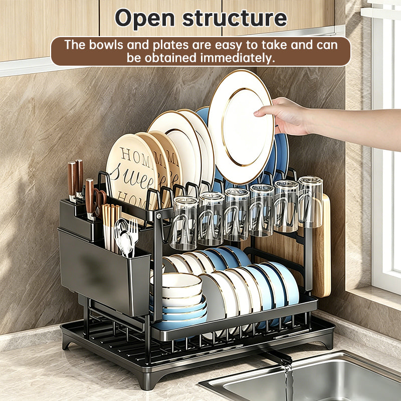2-Tier Dish Drying Rack with Drip Tray, Chopstick Holder & Cutting Board Rack