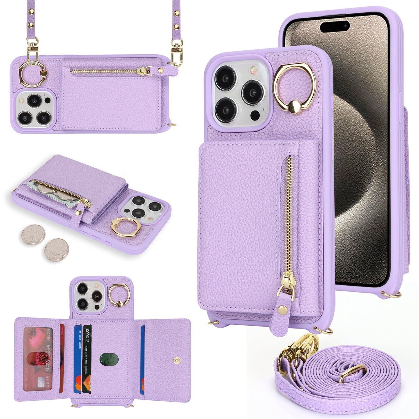 TPU + PU Zipper Crossbody Phone Case for iPhone 7–17