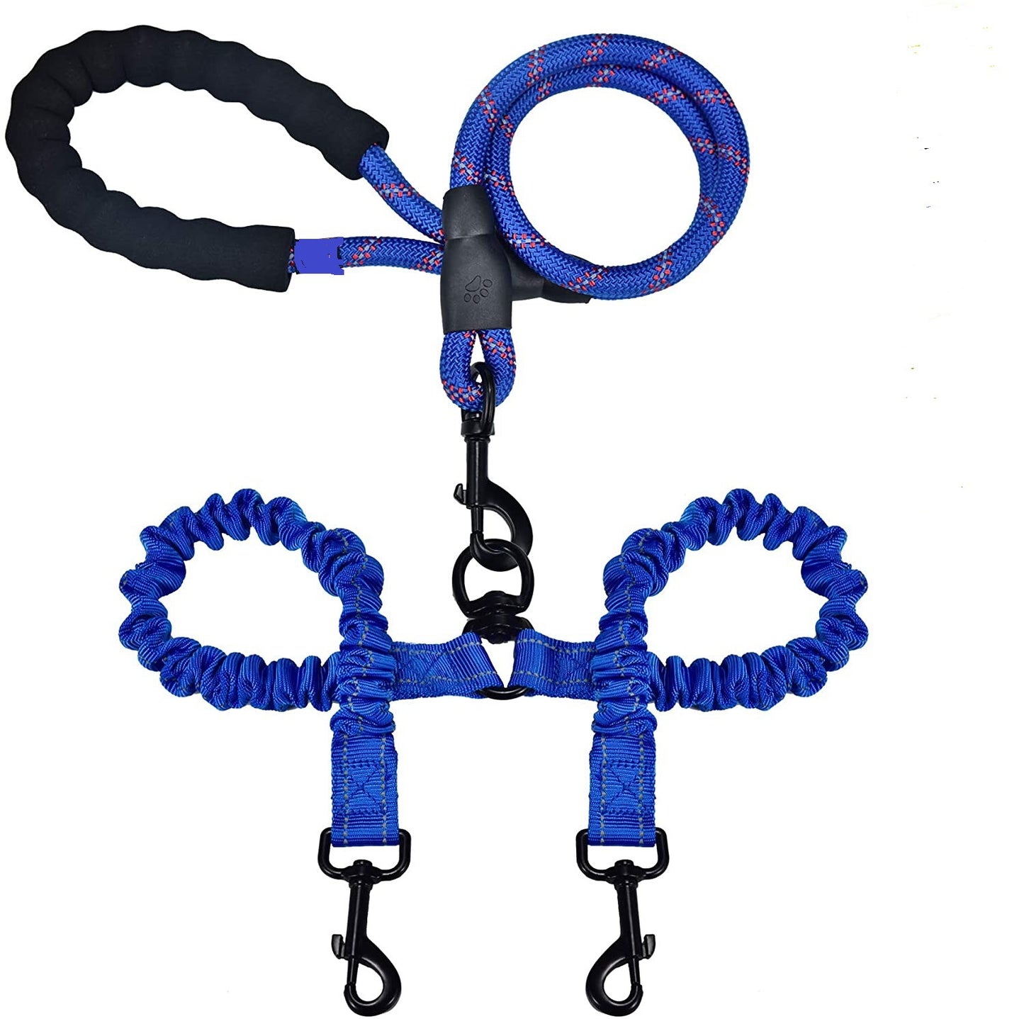 Double Dog Leash – Tangle-Free, Bungee Shock Absorber, Foam Handle & Reflective Rope | Walk 2 Dogs | 5 Colors