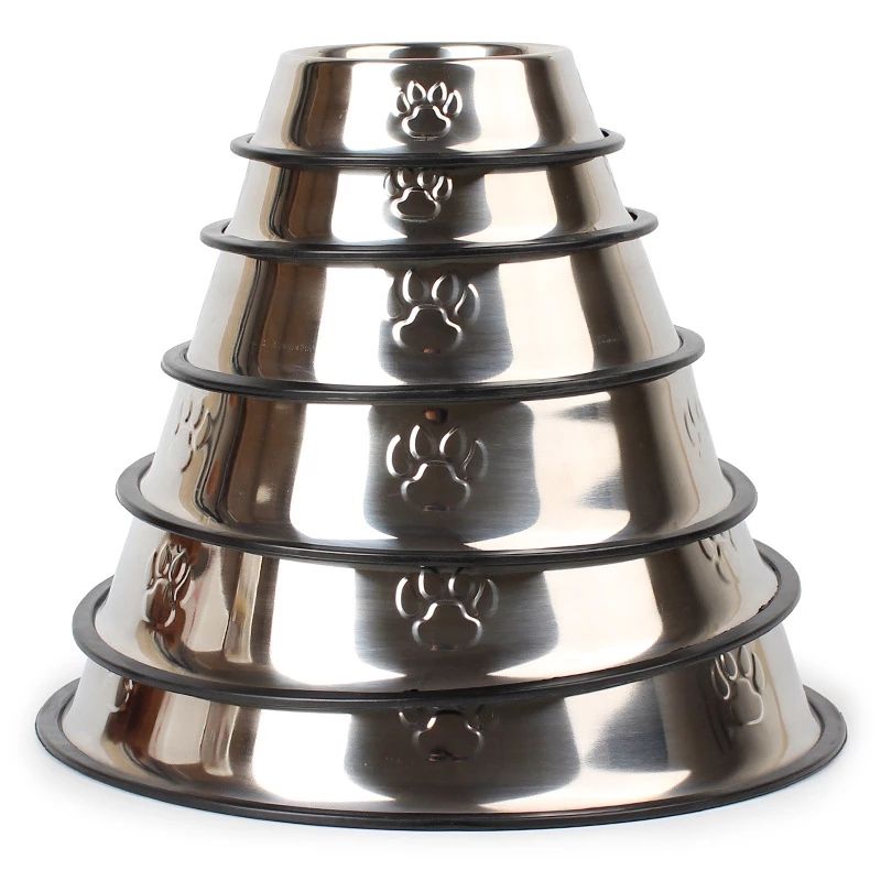 Stainless Steel Pet Bowl with Non-Slip Rubber Base – Mirror Finish, Paw-Print Design, 6 Sizes | Dogs & Cats