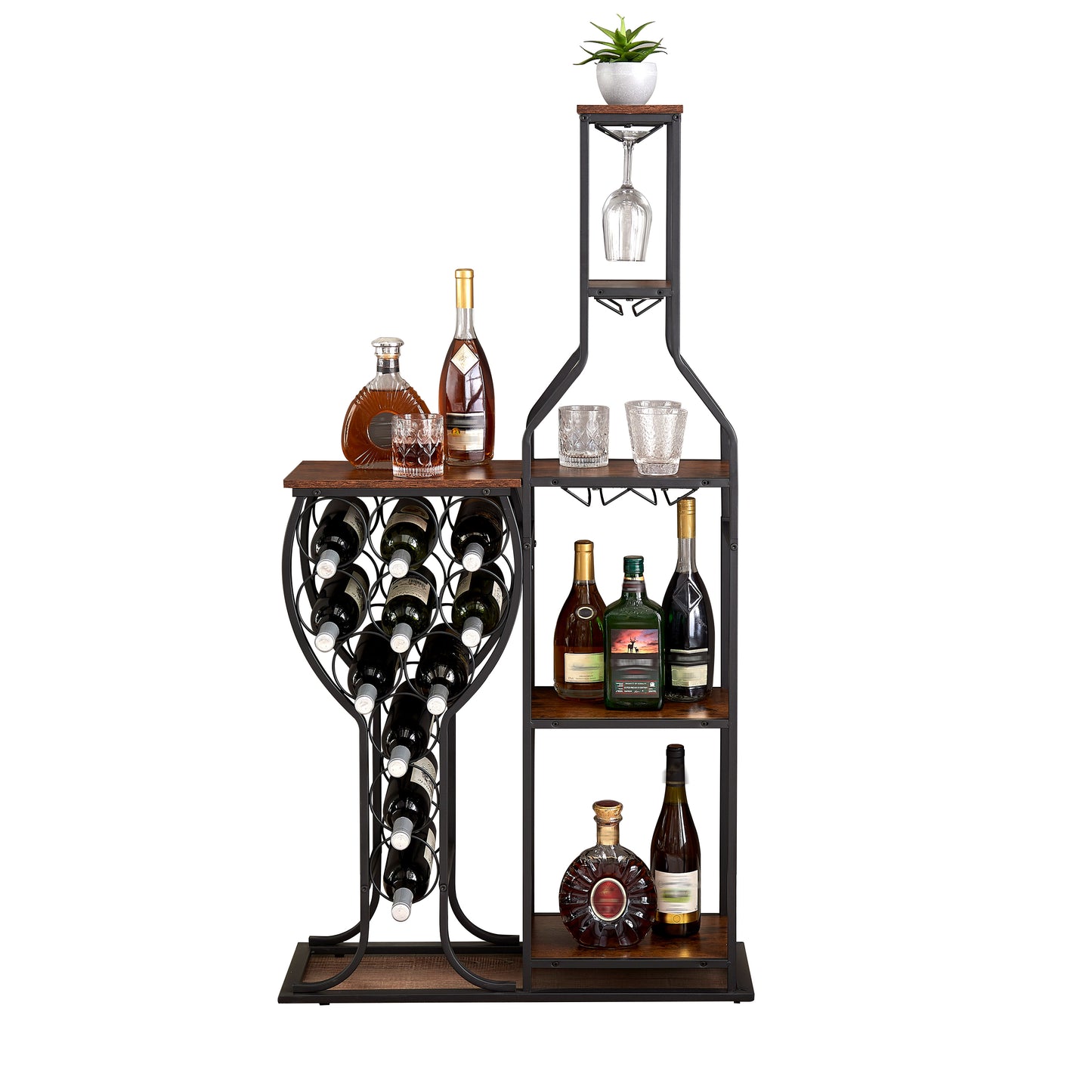 11-Bottle Wine Bakers Rack with Stemware Holder & Storage Shelves – 5-Tier Freestanding Wine Rack | Industrial Antique Brown | Home Bar