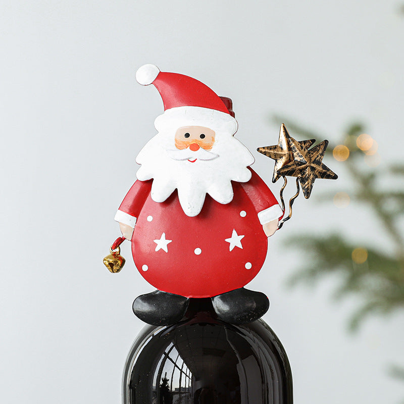 Christmas Wine Bottle Topper Figurine – Painted Metal Santa Claus & Snowman with Jingle Bell | Holiday Decoration