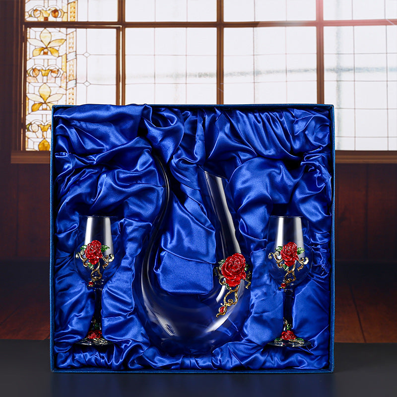 Enamel Rose Crystal Wine Glass | Hand-Painted Goblet & Decanter Gift Set