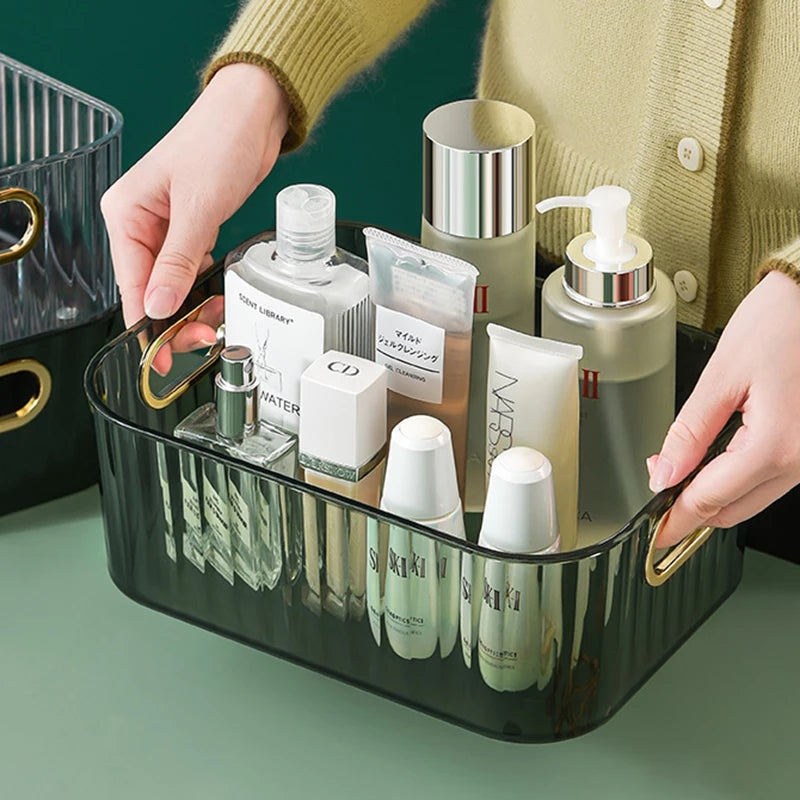 Ribbed Desktop Storage Organizer Bin with Gold Handles – Clear & Dark Green | Vanity, Desk & Kitchen | Small & Large
