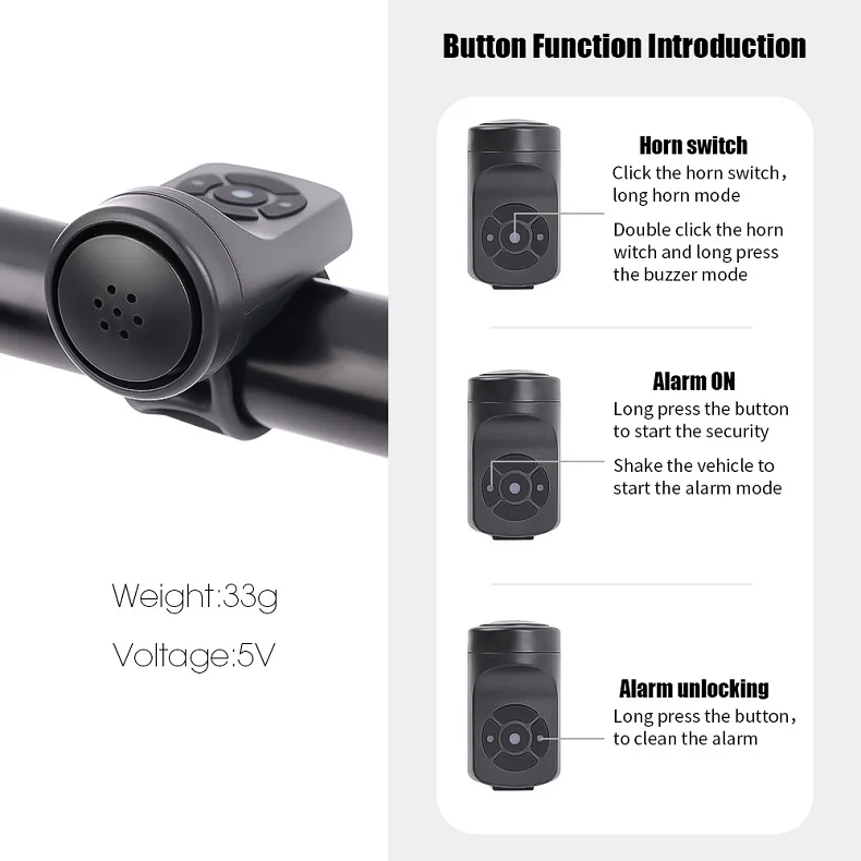 USB-Rechargeable Bicycle Electronic Horn, 4 Tones, 120 dB Listed