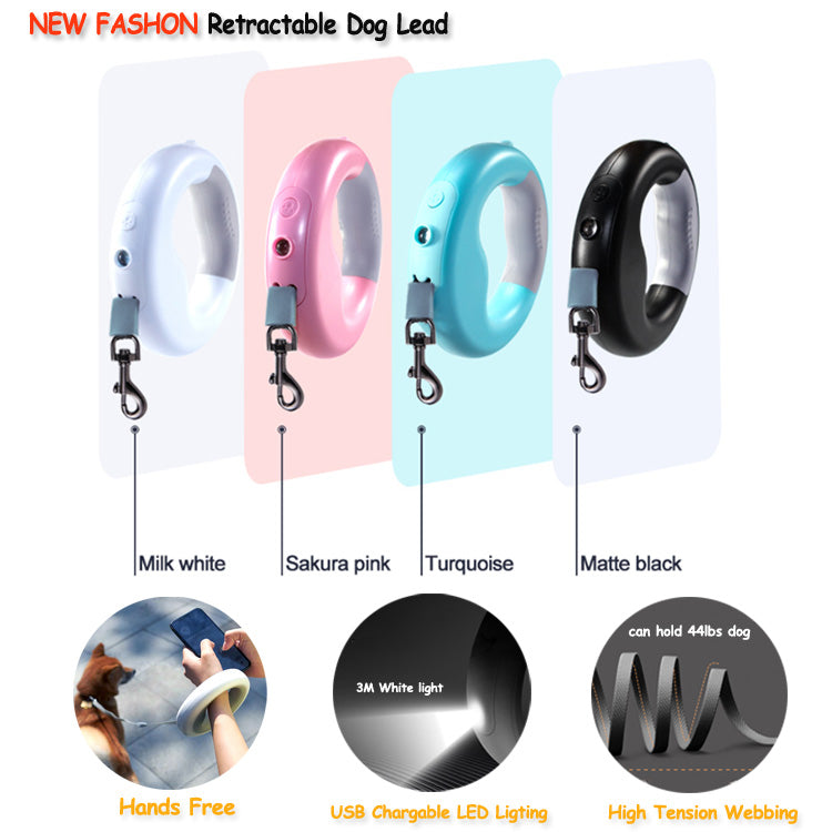 LED Retractable Dog Leash with Built-In Flashlight – 3M Flat Cord, USB Rechargeable, Ring Handle | Up to 44 lbs | 4 Colors