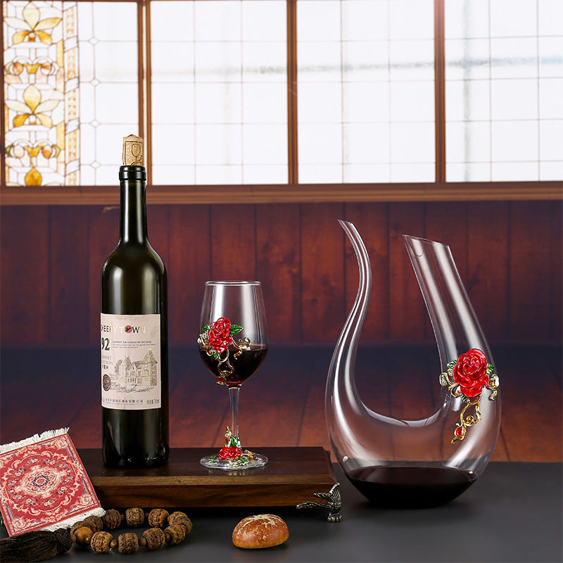 Enamel Rose Crystal Wine Glass | Hand-Painted Goblet & Decanter Gift Set