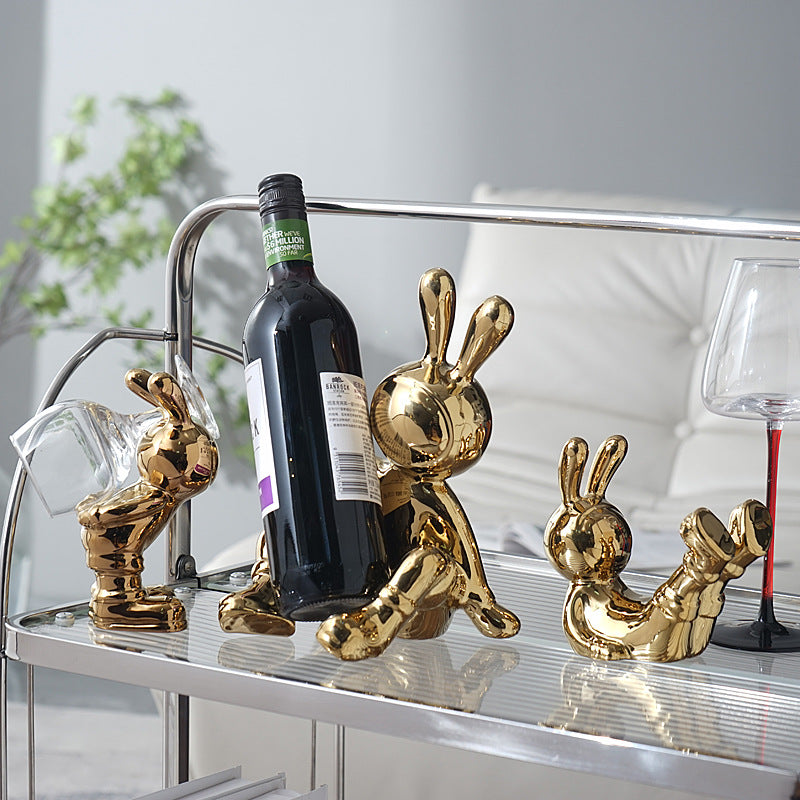 Luxury Rabbit Sculpture Wine Rack & Wine Glass Holder – Ceramic Home Décor Figurine | Silver & Gold