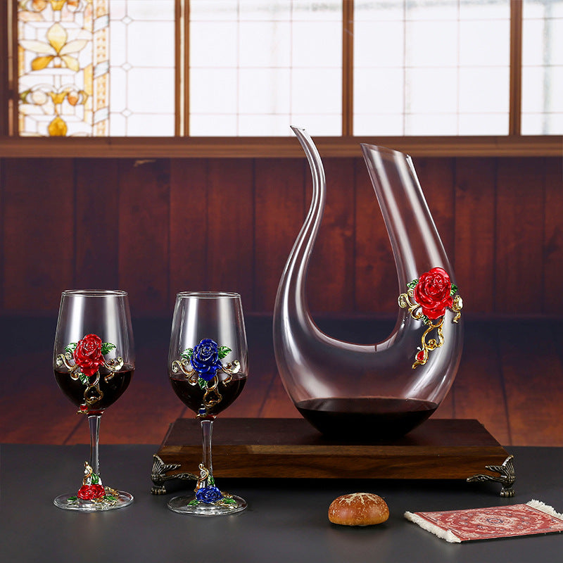 Enamel Rose Crystal Wine Glass | Hand-Painted Goblet & Decanter Gift Set