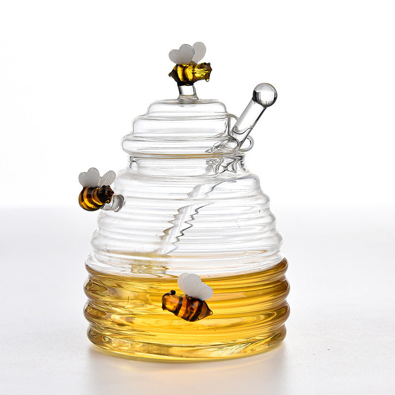 Glass Honey Jar with Lid & Glass Honey Dipper – Ribbed Beehive Design | Classic & Three Bees Styles