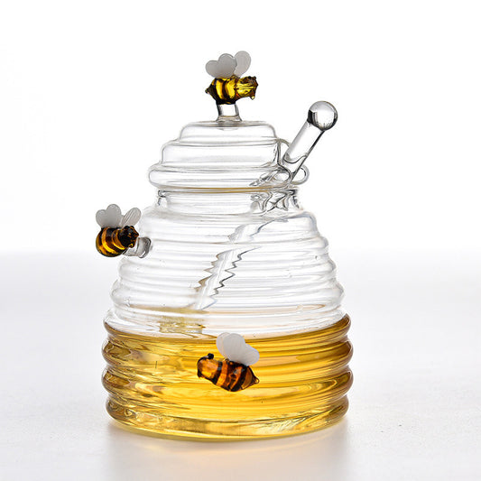 Glass Honey Jar with Lid & Glass Honey Dipper – Ribbed Beehive Design | Classic & Three Bees Styles