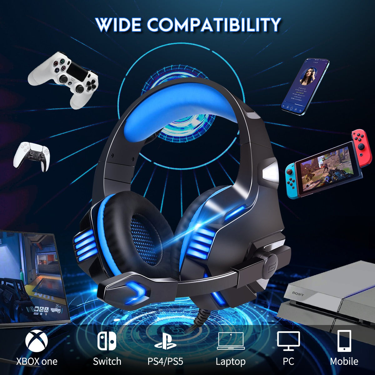Wired RGB Gaming Headset with 50mm Drivers and Adjustable Microphone