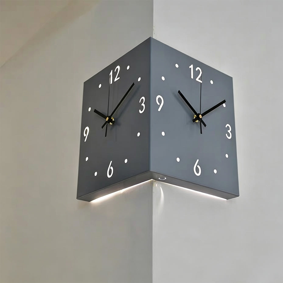 Nordic Dual-Face Corner Clock with LED Night Glow & Silent Movement