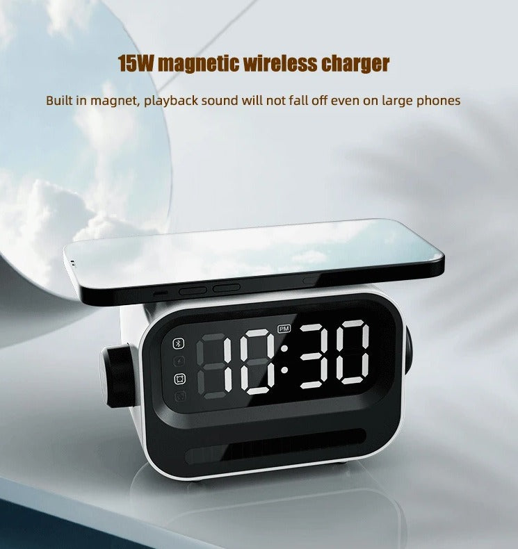 Bluetooth Speaker Alarm Clock with 15W Wireless Charging & Voice-Controlled Light