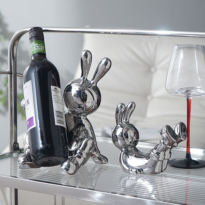 Luxury Rabbit Sculpture Wine Rack & Wine Glass Holder – Ceramic Home Décor Figurine | Silver & Gold