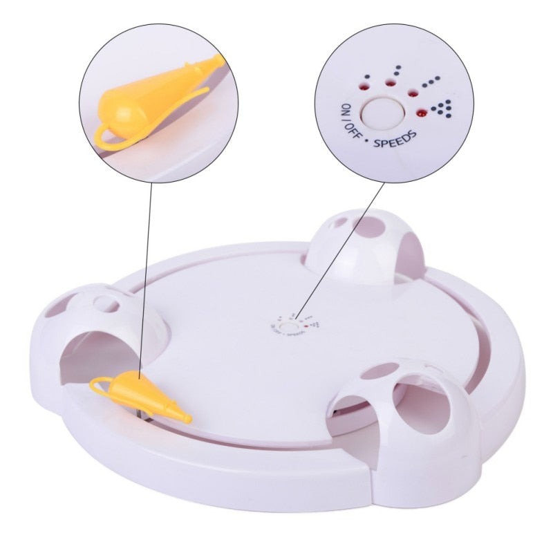 Automatic Rotating Cat Teaser Toy – Electric Spinning Mouse Lure, Paw-Hole Swipe Base | Hands-Free Interactive Play | White