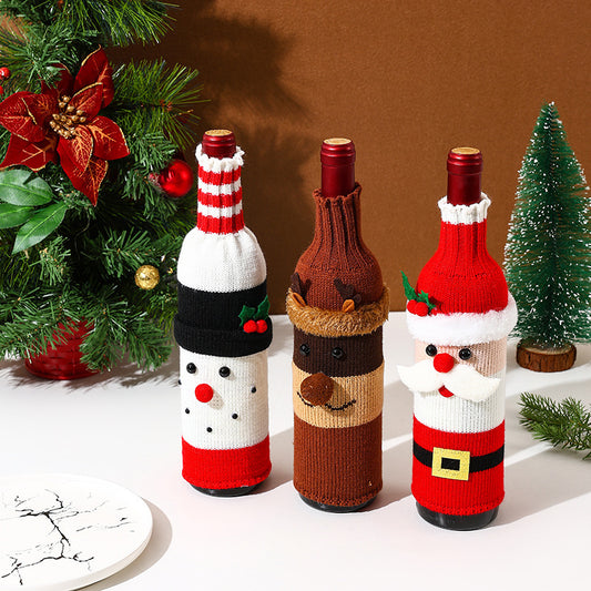Christmas Knitted Wine Bottle Cover – Santa, Snowman & Reindeer Festive Bottle Sweater | Holiday Table Decoration