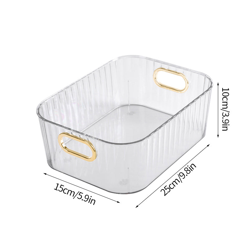 Ribbed Desktop Storage Organizer Bin with Gold Handles – Clear & Dark Green | Vanity, Desk & Kitchen | Small & Large