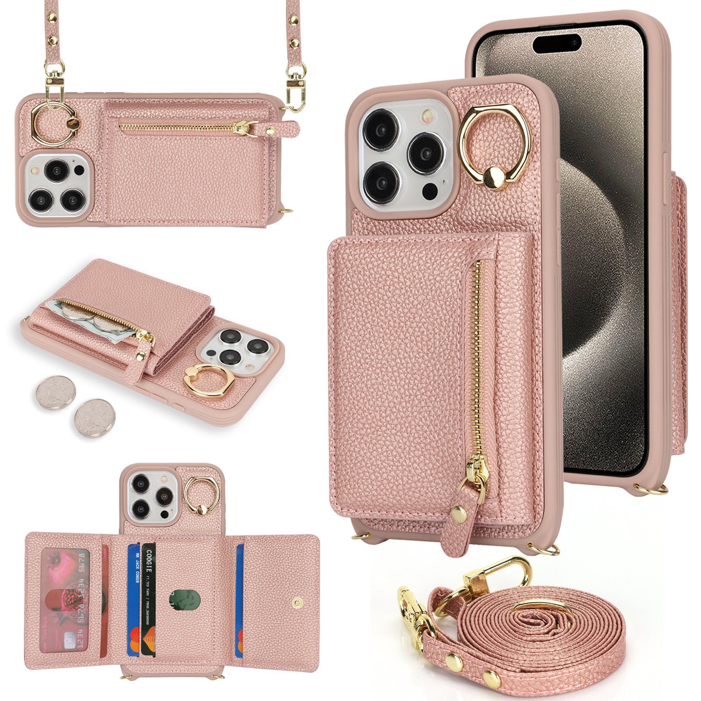 TPU + PU Zipper Crossbody Phone Case for iPhone 7–17