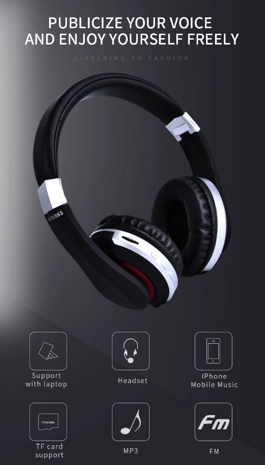 MH7 Foldable Wireless Bluetooth Headphones with Mic – TF Card, FM Radio & AUX Support