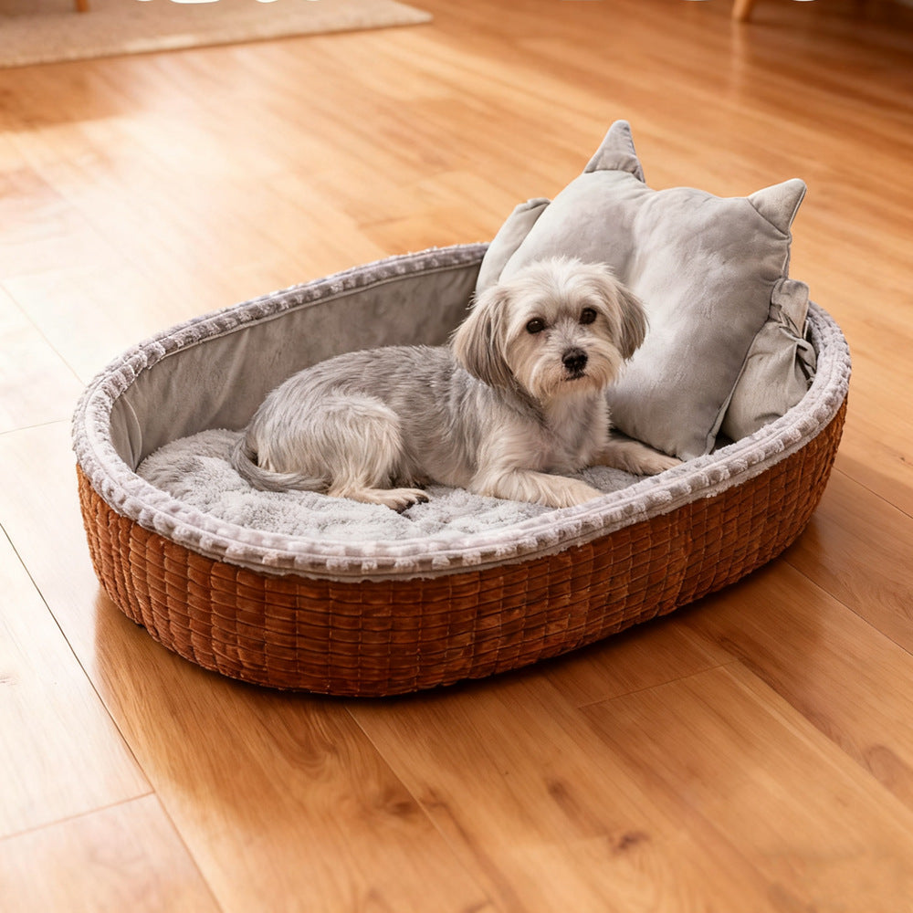 Oval Bolster Pet Sofa Bed with Throw Pillows – Fleece, Half-Enclosed, Machine Washable | Dogs & Cats | S–XL | 4 Colors