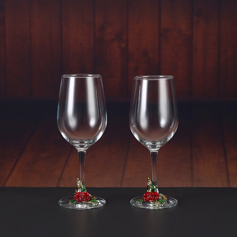 Enamel Rose Crystal Wine Glass | Hand-Painted Goblet & Decanter Gift Set