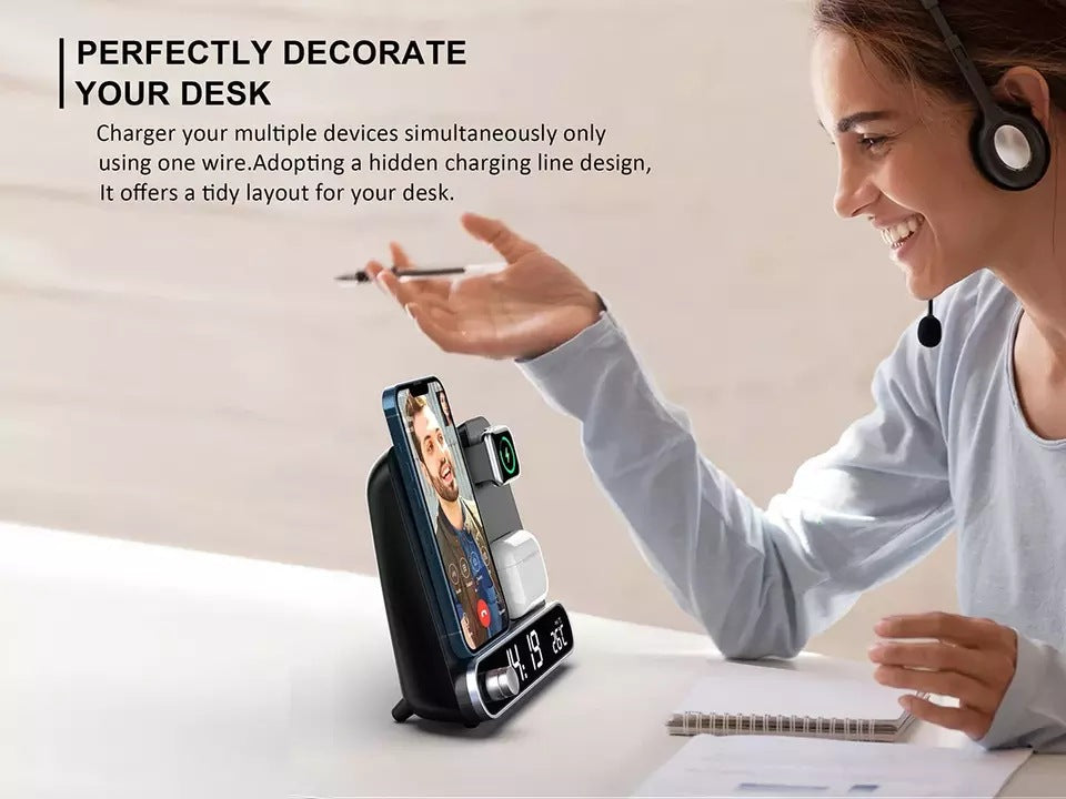 15W Wireless Charging Station with Clock & Thermometer