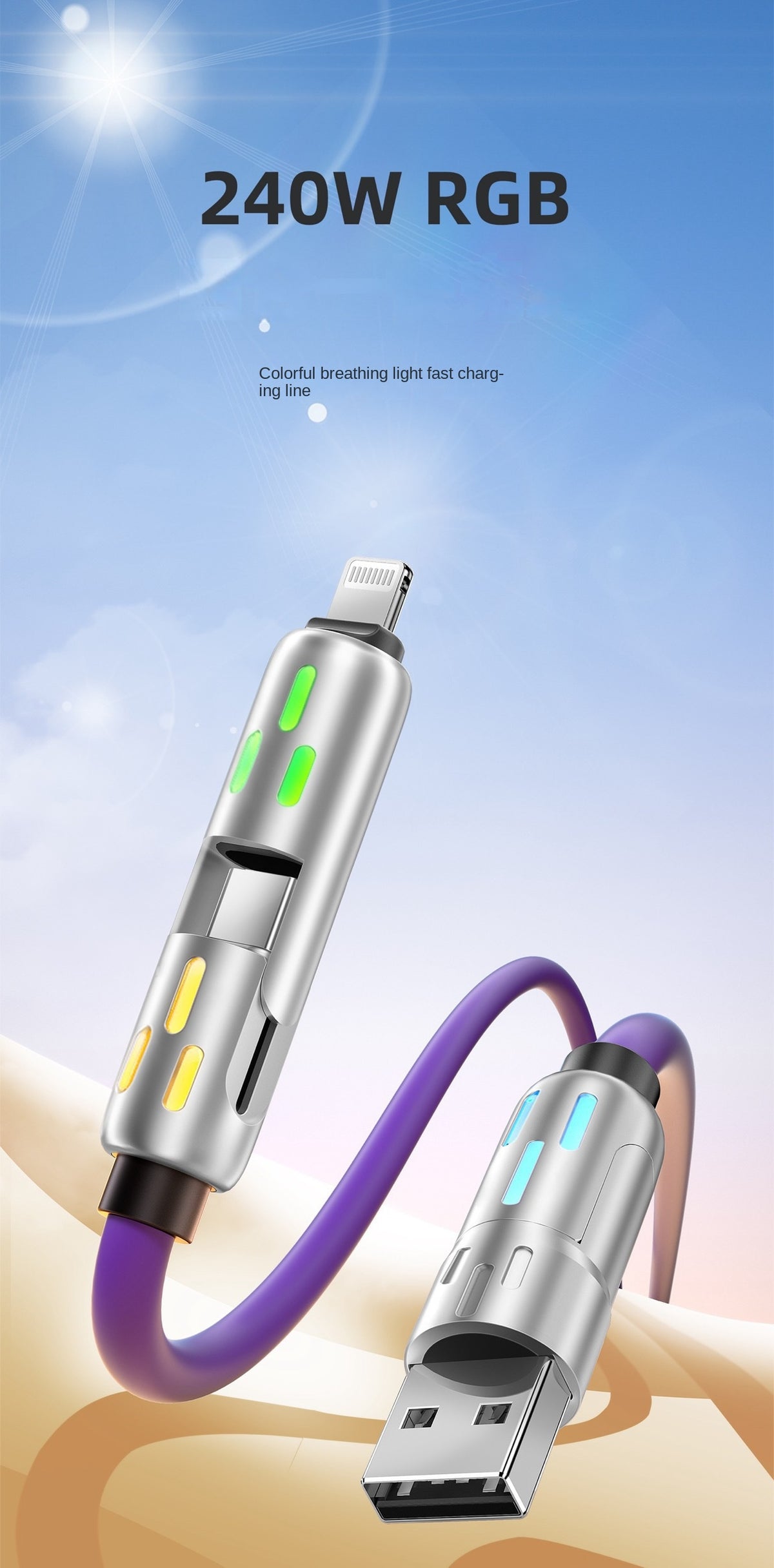 4-in-1 LED Silicone Charging Cable with 100W PD and USB-C