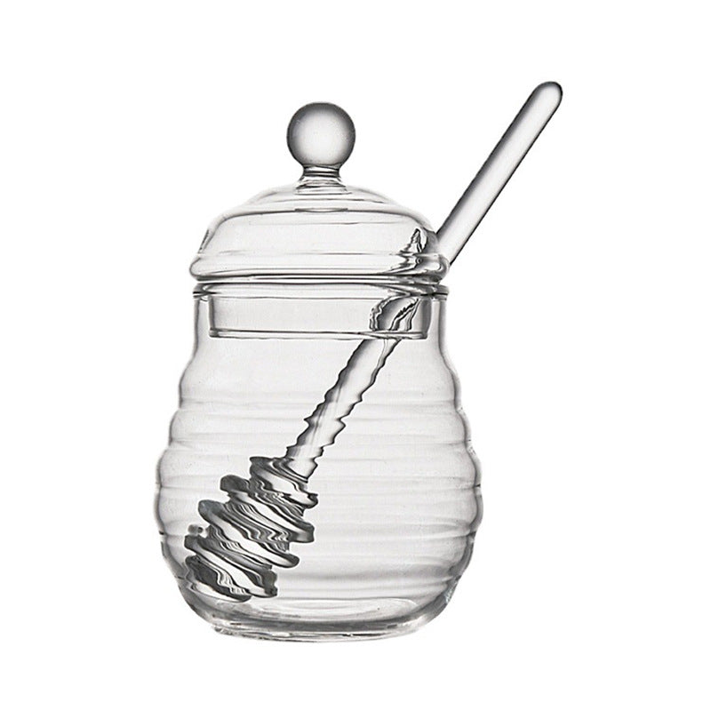 Glass Honey Jar with Lid & Glass Honey Dipper – Ribbed Beehive Design | Classic & Three Bees Styles