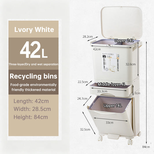 42L Three-Layer Kitchen Recycling Bin with Pedal, Wheels & Dry/Wet Separation