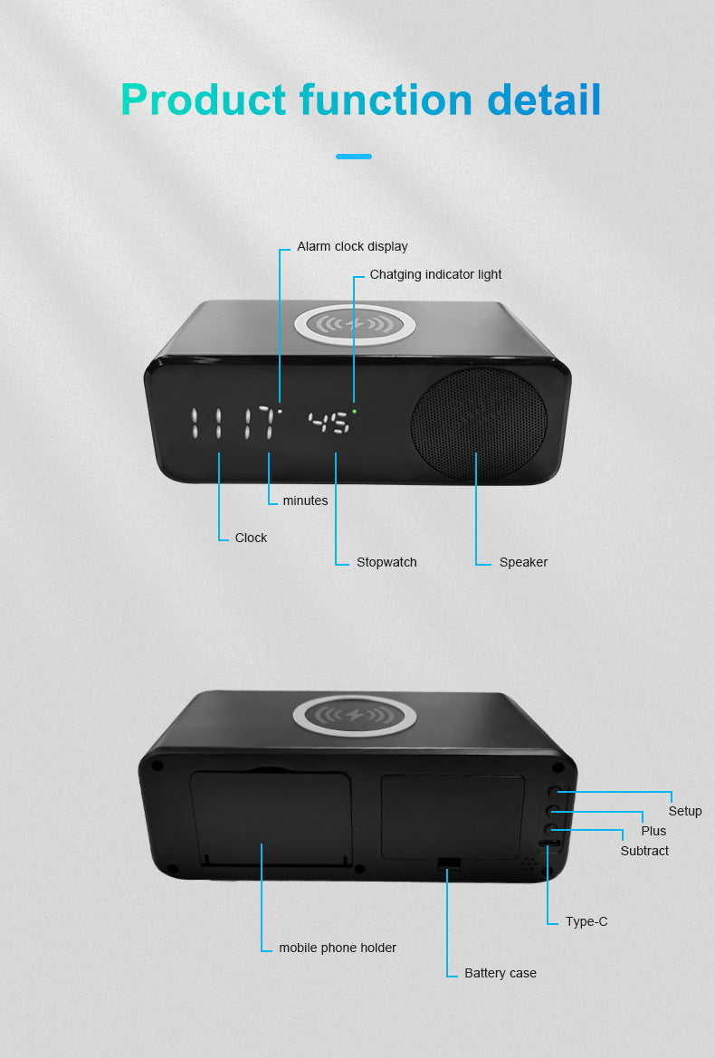 Bluetooth Speaker with Wireless Charging, Clock Display and Thermometer