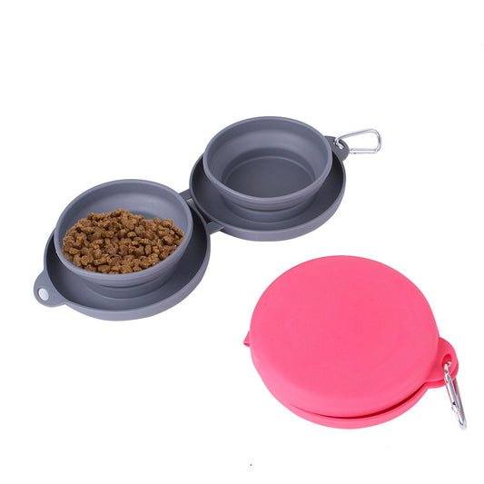 Collapsible Silicone Double Pet Bowl with Carabiner Clip – Foldable, Portable, Food & Water | Cats & Dogs | Grey or Pink