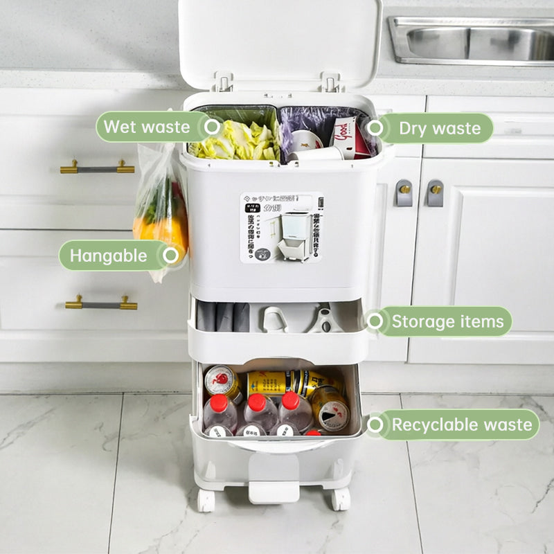 42L Three-Layer Kitchen Recycling Bin with Pedal, Wheels & Dry/Wet Separation