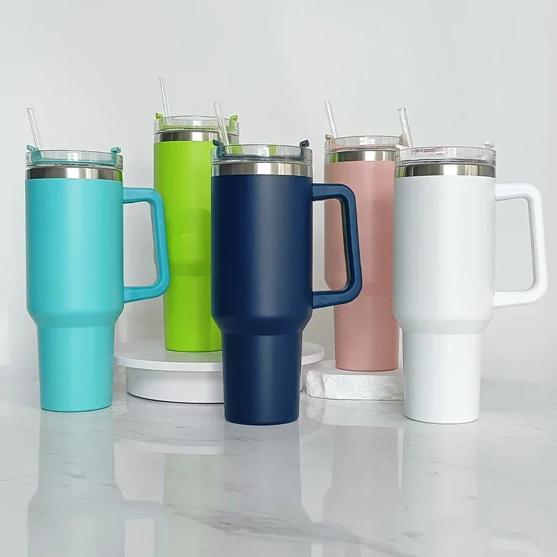 40oz Insulated Stainless Steel Tumbler with Handle, Lid & Straw – Travel Coffee Cup