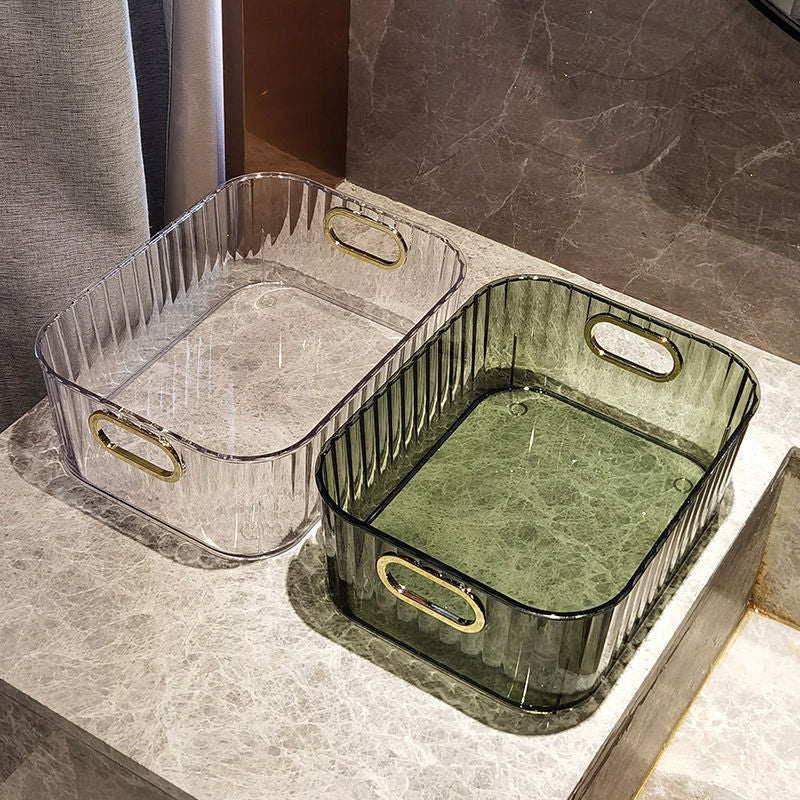 Ribbed Desktop Storage Organizer Bin with Gold Handles – Clear & Dark Green | Vanity, Desk & Kitchen | Small & Large
