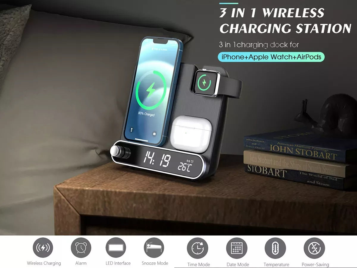 15W Wireless Charging Station with Clock & Thermometer