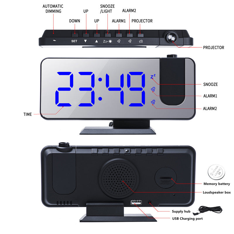 LED Mirror Projection Alarm Clock with RGB Display & Dual Alarms