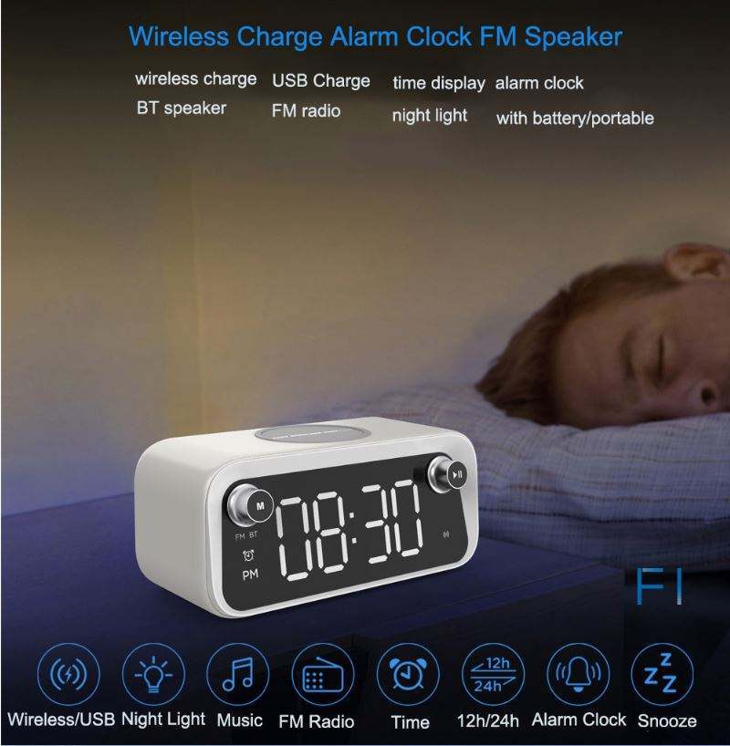 5-in-1 Alarm Clock with 15W Wireless Charger, Bluetooth Speaker & FM Radio