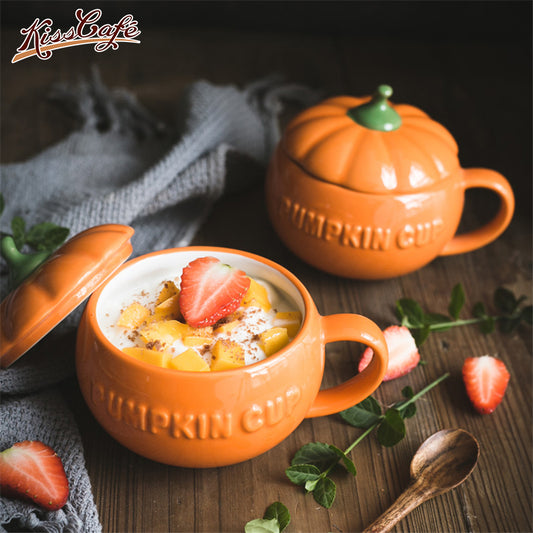 Cute Pumpkin Ceramic Mug with Lid – 250ml Halloween Coffee & Breakfast Cup