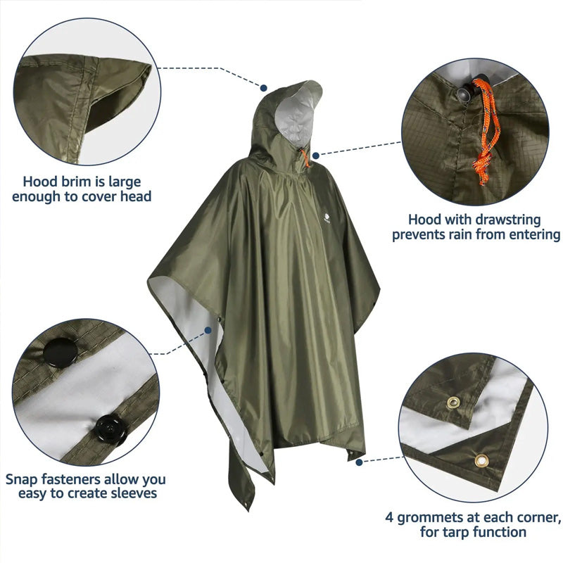 3-in-1 Waterproof Hooded Rain Poncho – Multi-Use Raincoat, Shelter & Sleeping Bag Cover