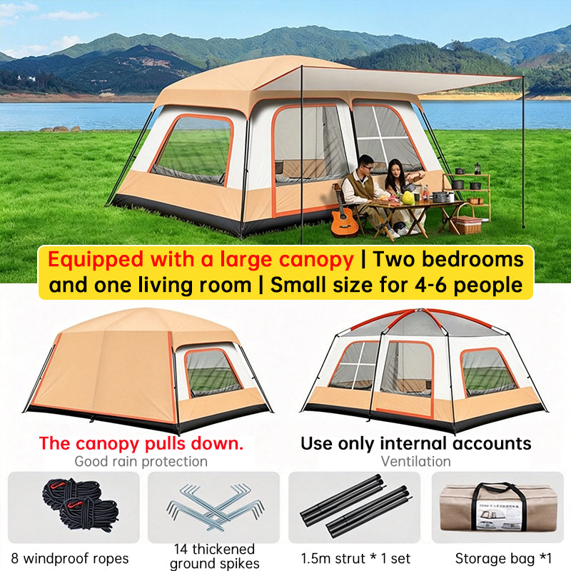 4–6 Person Family Camping Tent with Two Bedrooms and Canopy